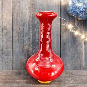 Vintage Hand Made Pottery Vase Vessel With Ox Blood Glaze Deep Red Ceramic Vase